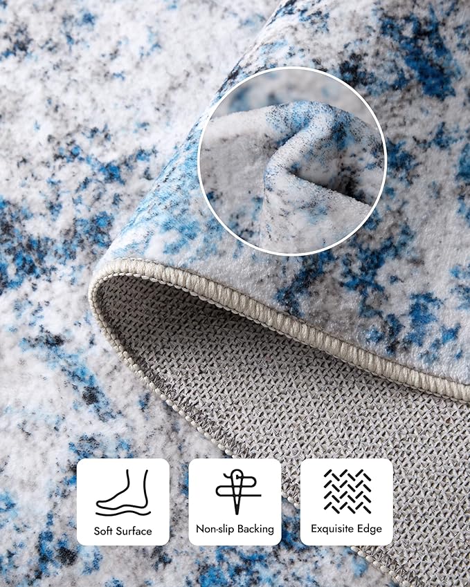 AUKOW Modern Abstract Washable Area Rugs - 3x5 Contemporary Soft Mat Stain Resistant Non Slip Low Pile Indoor Throw Rug for Bedroom Kitchen Office Chair Desk - Grey/Blue