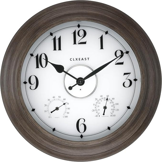 CLXEAST 24 Inch LED Illuminated Outdoor Clocks Waterproof with Thermometer & Hygrometer, Large Lighted Metal Wall Clock with Smart Night Light Sensor,Grey Oak Finish,House Warming Gifts New Home