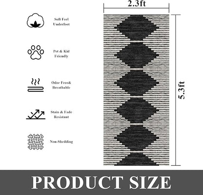 HelloTree Hallway Runner Rug，2.3x5.3 Moroccan Modern Stripe Carpet Washable Machine Bathroom Runner Bohemian Design Modern Soft Non Slip Indoor Rug for Entryway Hallway Laundry Room Bedroom-Black