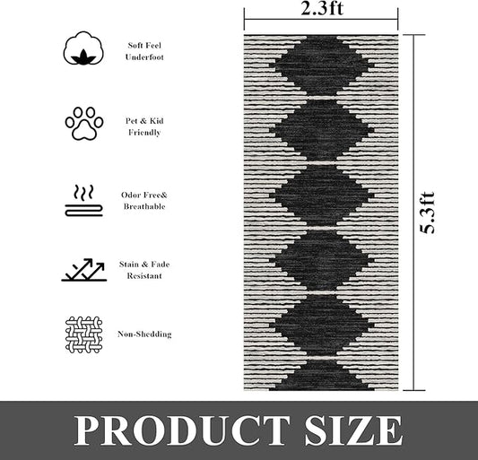 HelloTree Hallway Runner Rug，2.3x5.3 Moroccan Modern Stripe Carpet Washable Machine Bathroom Runner Bohemian Design Modern Soft Non Slip Indoor Rug for Entryway Hallway Laundry Room Bedroom-Black
