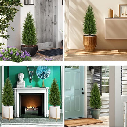 2 Pack 3ft Artificial Cedar Topiary Trees with Ground Spike, Realistic Fake Plants Tree UV Resistant Artificial Plants Indoor Outdoor Faux Plants Evergreen Bushes Shrubs for Porch Garden Office
