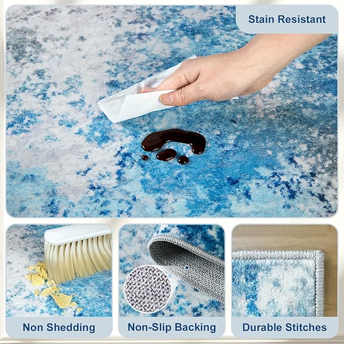 6x9 Area Rugs Living Room Rug - Washable Neutral Modern Abstract Large No Slip Soft Thin Rug Indoor Floor Carpet for Bedroom Under Dining Table Home Office Nursery Room - Blue White