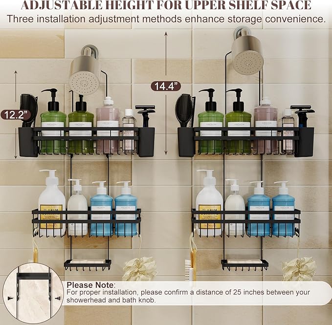 Shower Caddy Hanging for Bathroom Organizers and Storage, Adjustable Anti-Swing Shower Organizer for Wall-Mounted Showerhead with Heavy-Duty Suction Cups, Damage-Free Rustproof (Black)