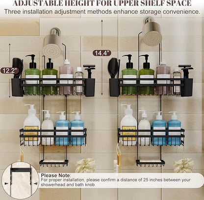Shower Caddy Hanging for Bathroom Organizers and Storage, Adjustable Anti-Swing Shower Organizer for Wall-Mounted Showerhead with Heavy-Duty Suction Cups, Damage-Free Rustproof (Black)