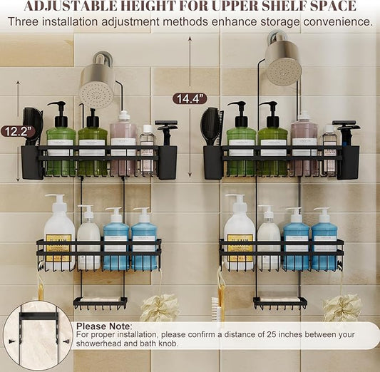 Shower Caddy Hanging for Bathroom Organizers and Storage, Adjustable Anti-Swing Shower Organizer for Wall-Mounted Showerhead with Heavy-Duty Suction Cups, Damage-Free Rustproof (Black)