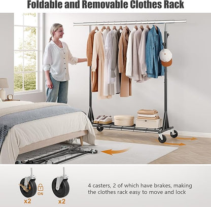 Heavy Duty Clothes Rack Load 530 LBS Metal Garment Clothing Rack Hang 200 pieces of clothing on Wheels Collapsible Rolling Portable & Adjustable with Hook for Hanging Clothes Black