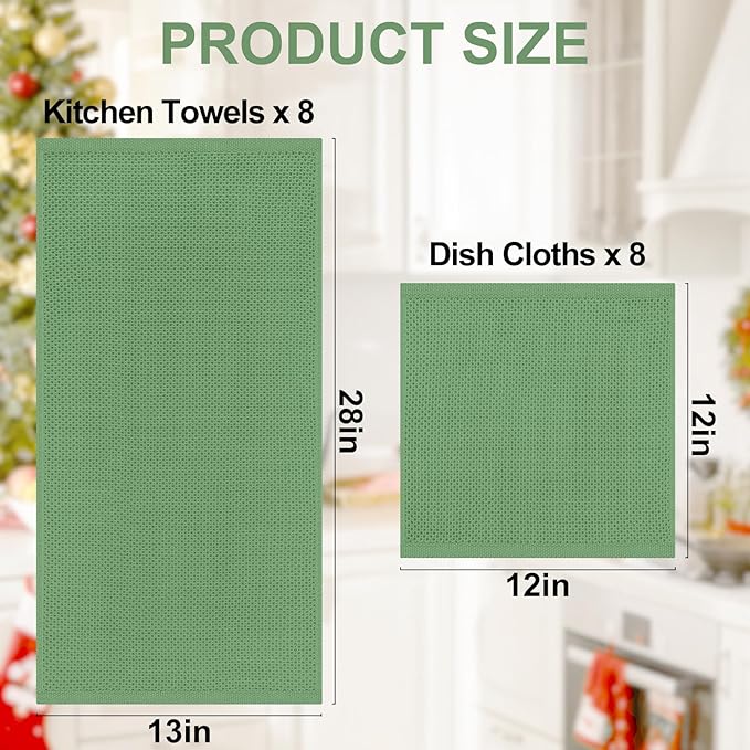 Homaxy 100% Cotton Kitchen Towels and Dishcloths Set, 12 x 12 Inches and 13 x 28 Inches, Set of 16 Bulk Kitchen Towels Set, Ultra Soft Absorbent Dish Cloths for Washing Dishes, Grass Green