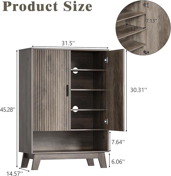 Shoe Cabinet Storage for Entryway with Doors, 5 Tier Fluted Shoe Organizer with Adjustable Shelves, Entryway Shoe Storage with Wooden Legs, Freestanding Hidden Shoe Rack for Front Door Entrance, Grey