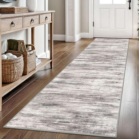 KOZYFLY Modern Abstract Hallway Runner Rug, 2.6x8 Washable Rug Runner Non-Slip Soft Striped Kitchen Runner Rugs, Print Grey Beige Carpet Runner for Entryway Bathroom Laundry Room Foyer