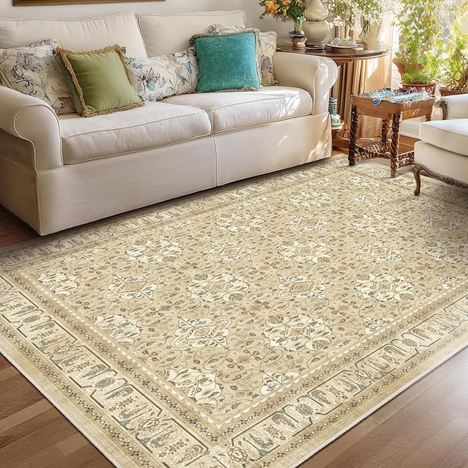 Warm Beige Area Rug 5x7, Non Slip Washable Rugs for Living Room Bedroom Low Pile Thin, Boho Neutral Floral Moroccan Pattern Printed Carpet Rug for Nursery Playroom Dining Room Home Office