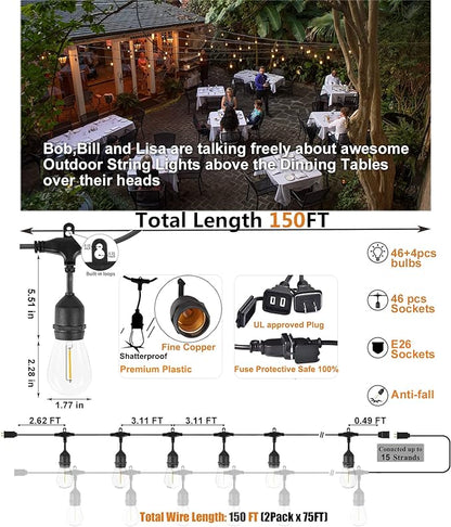 Achin Outdoor String Lights 150 Feet LED Waterproof Patio Lights with 50 Shatterproof Dimmable Warm Edison Bulbs String Lights for Outdoor Gazebo Bistro Wedding Birthday Party Lights, Connectable