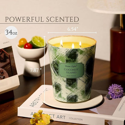 HomeLights Scented Candles | Large Jar 34 Oz Natural Soy Candle | 130 hrs Long-Lasting with 3 Wicks | Scandinavian Minimalist Home Decor | Gifts for Mom & Women, Coconut Island