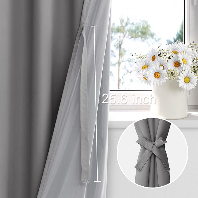 XWZO 100% Blackout Curtains with Tiebacks- 2 Thick Layers Completely Shaded Window Treatment Thermal Insulated Lined Drapes with Grommets for Bedroom/Laundry Room, Grey, W42 x L72, Set of 2