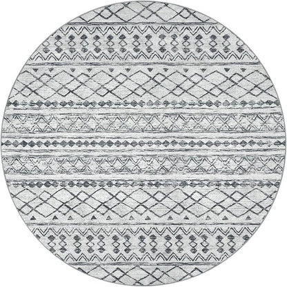 KUTA Washable Circle Rug 3Ft Grey Moroccan Washable Round Area Rugs Boho Foyer Kitchen Carpet, Non-Slip Soft Distressed Geometric Entryway Mat Low-Pile Throw for Hallway Bedroom Nursery Dorm
