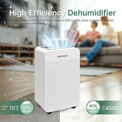 HUMSURE 4500 Sq. Ft 80 Pints Dehumidifier for Basement and Home, Bathroom, Bedroom, Equipped With Drainage Hose, Automatic Defrosting, 24-Hour Timer Function