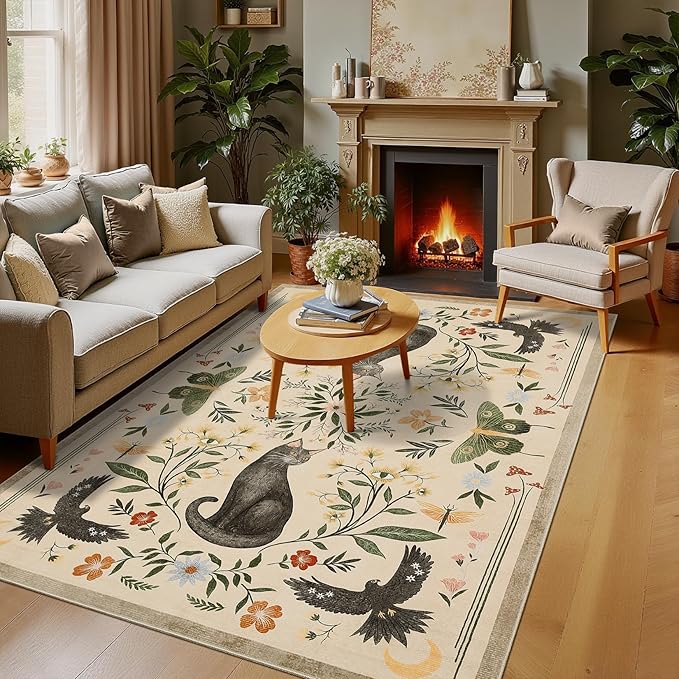 GarveeHome 5x7 Cat Area Rug Beige Washable Rugs for Living Room Bedroom, Soft Mushroom Floral Low Pile Non Slip Floor Mat Animal Print Throw Rug Indoor Carpet for Dorm Playroom Gothic Decor