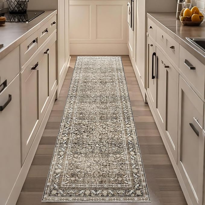 OPPODREAM Thin Vintage Brown 2x8 Runner Rug, 2 x 8 Retro Washable Rug Non Slip, Low-Pile Faux Wool Carpet, Distressed Floor Mat for Kitchen, Hallway, Entry-Way, Entrance, Indoor Back Door