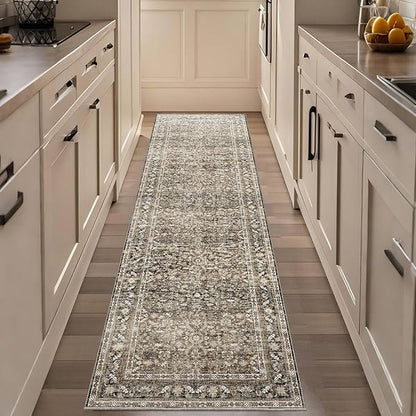 OPPODREAM Thin Vintage Brown 2x8 Runner Rug, 2 x 8 Retro Washable Rug Non Slip, Low-Pile Faux Wool Carpet, Distressed Floor Mat for Kitchen, Hallway, Entry-Way, Entrance, Indoor Back Door