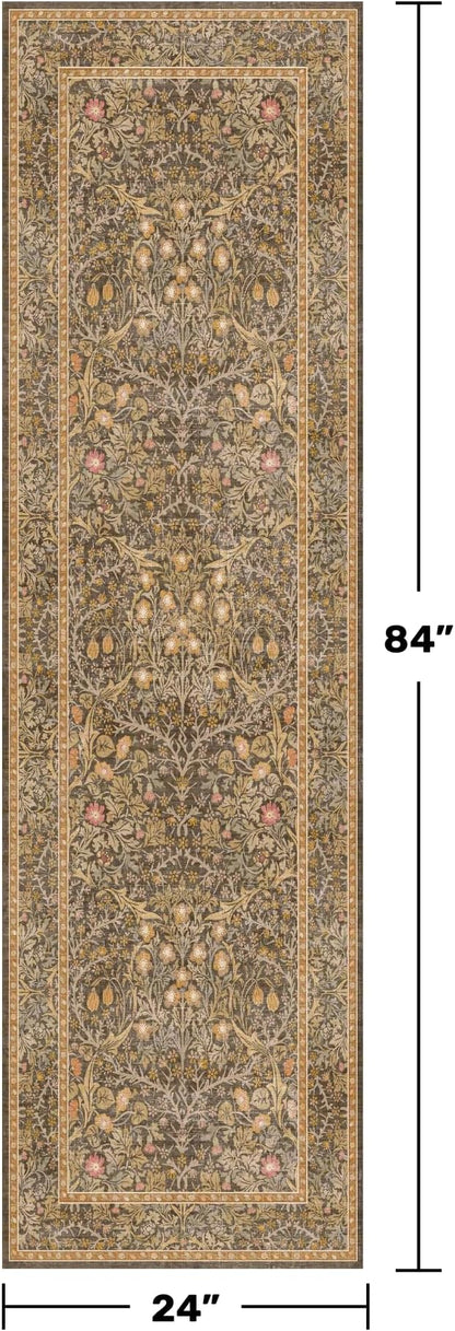 Non Slip 2x7 Gold Brown Bathroom Runner Rugs - Washable Long Runner for Kitchen, Hallway, Indoor Floor Mat, Bedroom Bedside - Brown Earthy Vintage Floral Décor