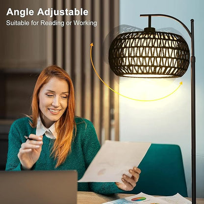 Arc Floor Lamp with 3 Color Temperatures,Black Floor Lamp with Remote Control, Boho Standing Lamp with Rattan Wicker Shades, Farmhouse Tall Pole Lamp for Living Room Bedroom