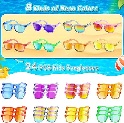 GKTZ Kids Sunglasses Party Favors - Boys Girls Age 3-8 Birthday Goodie Bags Stuffers, Neon Sunglasses with UV 400 Protection for Kids Classroom Favors - 24 Packs