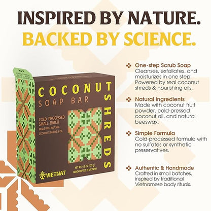 Cold-Process Natural 2-in-1 Luxurious Natural Soap Bar (4.2 oz) with Coconut Shreds | Light Exfoliation & Creamy Lather Body Bar | Cold-Processed, Handmade in Vietnam (Pack of 1)