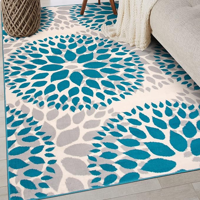 Rugshop Modern Blue Floral Circles Design Area Rug – Elegant Non-Shedding, 3'1" x 5' for Living Room, Bedroom, Dining Room, Kitchen