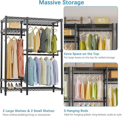 VIPEK V2S Heavy Duty Clothes Rack, Portable Metal Clothing Racks with 4 Tiers Adjustable Wire Shelving & 3 Hanging Rods, Freestanding Wardrobe Portable Closet Rack, Max Load 800LBS, Black