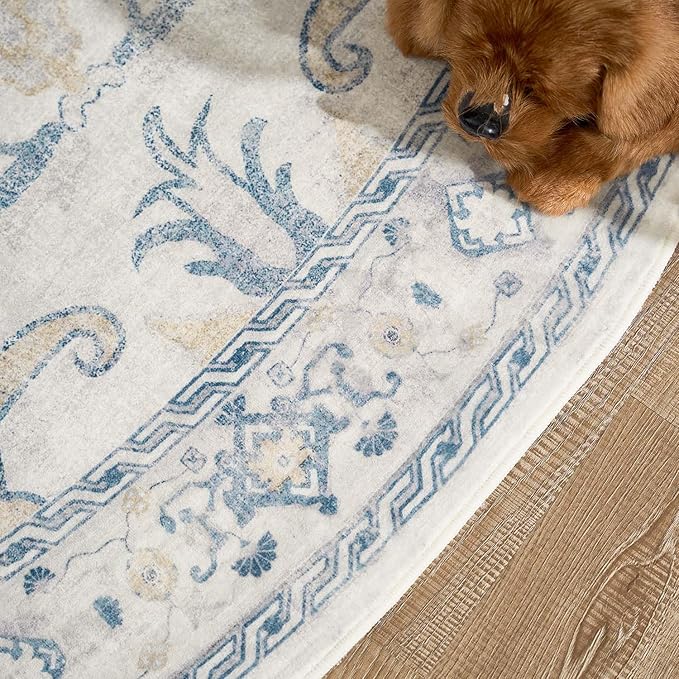 jinchan Round Rug 4ft Area Rug Indoor Vintage Floral Circle 4' Washable Ultra-Thin Low Pile Soft Small Non Slip Distressed Print for Living Room Dining Room Bedroom Entryway Blue