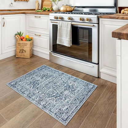KUTA Entryway Rugs Indoor Non-Slip Washable Small Area Rug 2x3 Blue Entrance Carpet Soft Printed Vintage Floral Distressed Tribal Farmhouse Low-Pile Door Mat for Bedroom Kitchen