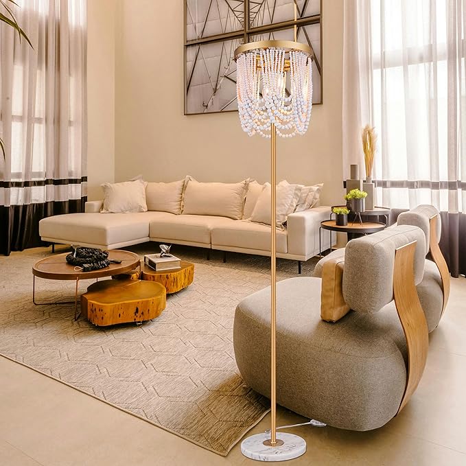 Wellmet Gold Floor Lamp for Living Room, Boho Floor Lamp with White Wood Beads for Bedroom, Unique Round Decorative Floor Lamps Lighting Fixture 60'' Sofa Bedside Standing Corner Lamp