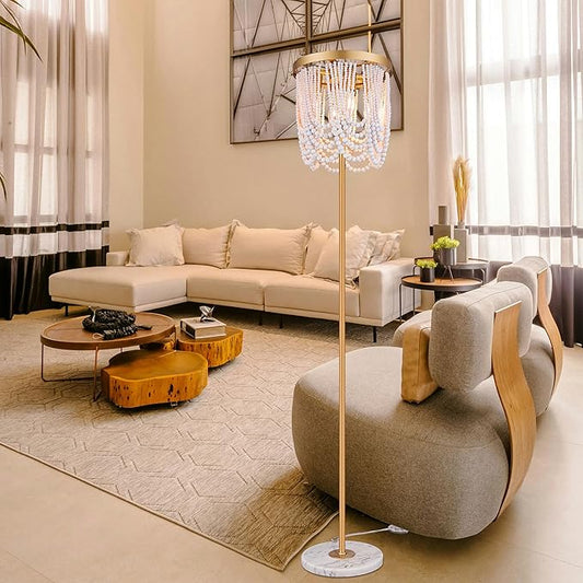 Wellmet Gold Floor Lamp for Living Room, Boho Floor Lamp with White Wood Beads for Bedroom, Unique Round Decorative Floor Lamps Lighting Fixture 60'' Sofa Bedside Standing Corner Lamp