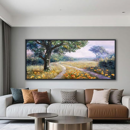 CHATYOUNG Large Landscape Wall Art, Rustic Wildflowers Way Home Yellow Green Pictures Farmhouse Canvas Painting Framed Artwork for Bedroom Living Room Kitchen Home Office Wall Decor 71"x32"