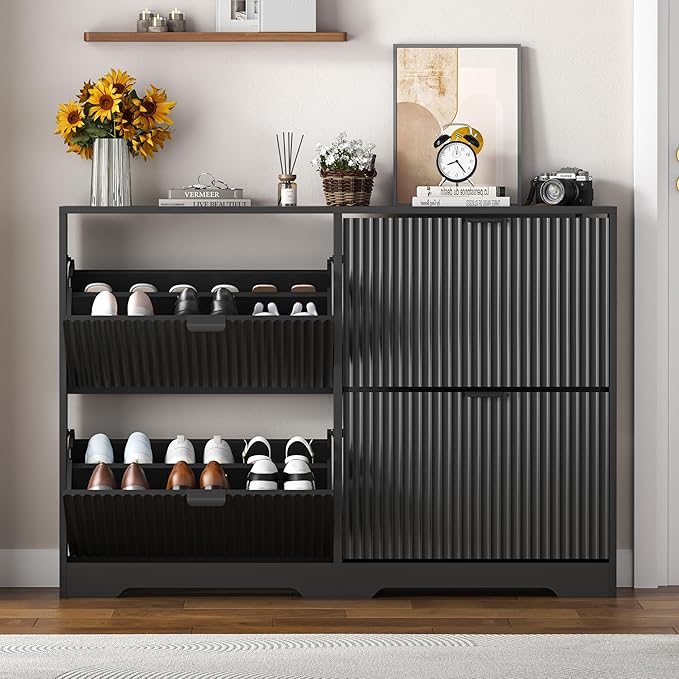 Shoe Cabinet Storage for Entryway with 4 Flip Drawers, Black Fluted Shoe Cabinet with Adjustable Shelves, Wooden Hidden Shoe Rack Freestanding Narrow Slim Shoes Storage for Hallway, Entrance
