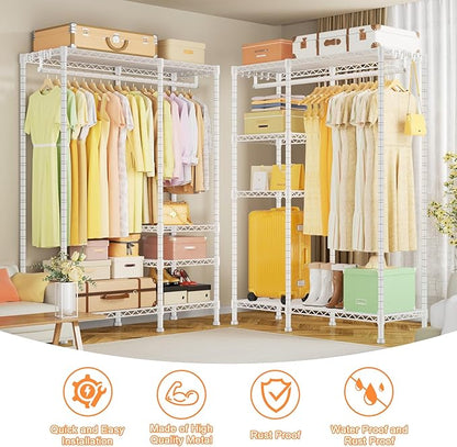 Ulif F4 Heavy Duty Clothes Rack (With Hanger Rod) Freestanding Clothing Racks for Hanging Clothes，Adjustable Closet Organizer System, Portable Garment Rack 45"W x 15.8"D x 71.3"H,Max Load 600LBS,White