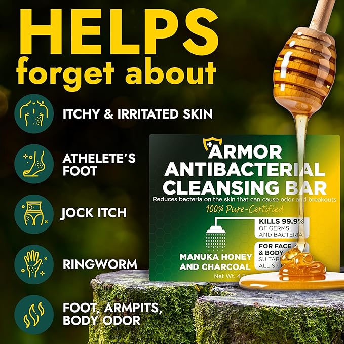Antibacterial Soap Antibacterial Hand Soap for All Skin Types | Kills 99.9% of Germs & Bacteria | Helps with Jock Itch, Athlete’s Foot & Itchy Skin | Manuka Honey Charcoal Soap with Scrubber Pack of 2