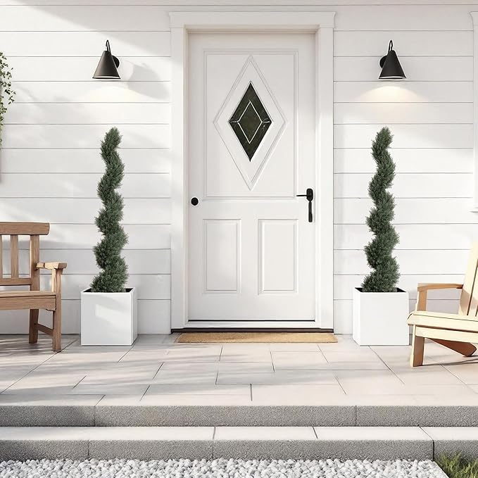 THE BLOOM TIMES 5ft Spiral Artificial Topiary Trees Set of 2, Faux Cedar Trees for Outdoor Planters - Fake Twist Cypress Plants for Garden Front Porch Indoor Outside Christmas Decor 5 Foot