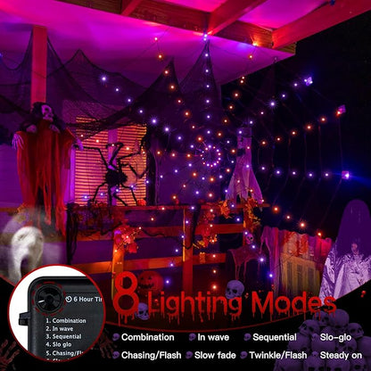 Ollny Spider Web Decoration 6.6FT 126 LED, Orange and Purple Halloween Lights with Black Spider Battery Powered 8 Modes Timer, Waterproof Cobweb String Light for Outdoor Indoor House Yard Party