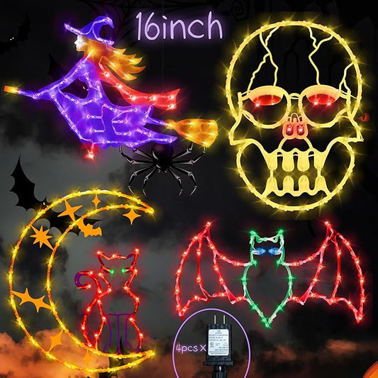 Halloween decorations16 Halloween Window Silhouette Lights Decorations - 4 Pack Colour Lighted Witch ＆ Bat ＆ Skull Head ＆ Cat on Moon for Holiday Indoor and Outdoor Wall Door Window Decorate
