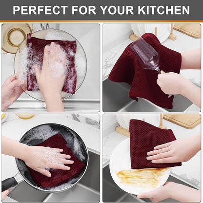 Kitinjoy 100% Cotton Kitchen Dish Cloths, 12 Pack Waffle Weave Ultra Soft Absorbent Dish Towels for Drying Dishes Quick Drying Kitchen Towels Dish Rags, 12 X 12 Inches, Burgundy