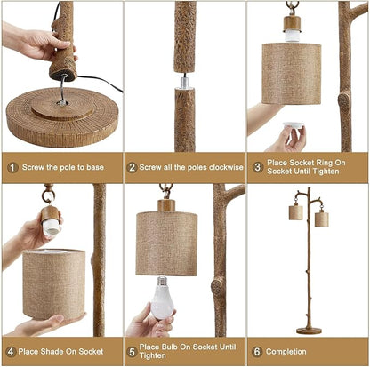 Floor Lamp for Living Room - 69" Rustic Farmhouse Tree Trunk Tall Lamp - Country Resin Vintage Reading Light Standing Lamps for Bedroom Office Classroom kid Room Home Decor (2 Reading Light, Brown)