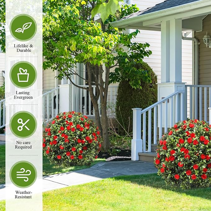 24" Artificial Topiary Ball Tree with Flower Set of 2,Outdoor Fake Topiary with Ground Spike,UV Resistant Faux Artificial Plant Bushes for Indoor Outdoor Front Porch Garden Decor(Dark Red)