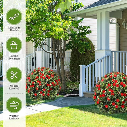 24" Artificial Topiary Ball Tree with Flower Set of 2,Outdoor Fake Topiary with Ground Spike,UV Resistant Faux Artificial Plant Bushes for Indoor Outdoor Front Porch Garden Decor(Dark Red)