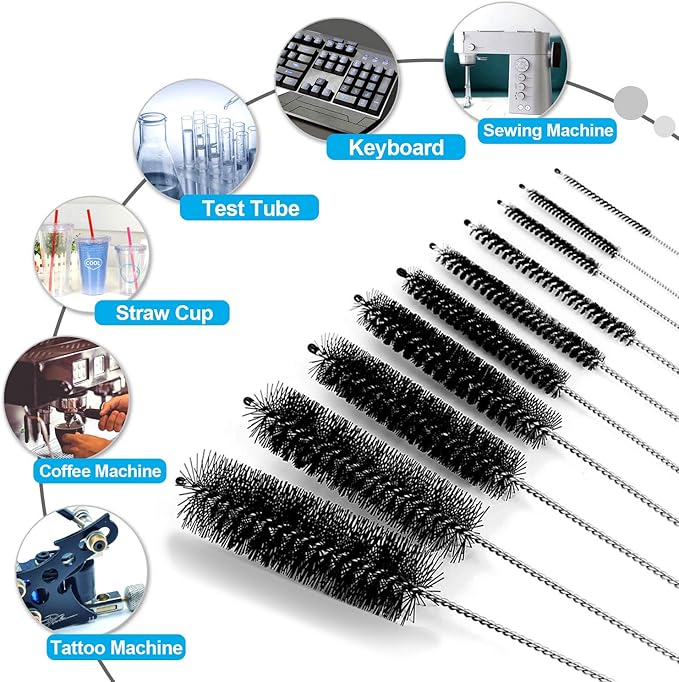 8.2 Inches Nylon Tube Brush Set, Nylon Bottle Cleaning Brush Set, 10 Pieces Variety Pack for Glasses Drinking Straws, Keyboards, Jewelry Cleaning, Antistatic Brushes, Pipe Brushes (Set of 10)