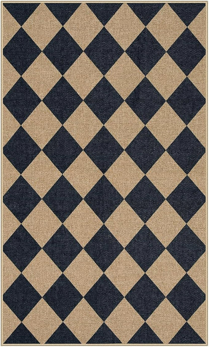 Lahome Checkered Easy Jute 3x5 Outdoor Patio Rug, Washable Rugs for Entryway Diamond Indoor Outdoor Living Room Carpet, Farmhouse Neutral Non Slip Black Door Carpet for Backyard Bedroom