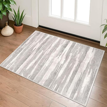 Modern Abstract Entryway Rug Indoor 2x3 Neutral Washable Non-Slip Soft Small Area Rug Light Beige and Grey Kitchen Mat Thin Print Faux Wool Floor Carpet for Entrance Bedroom