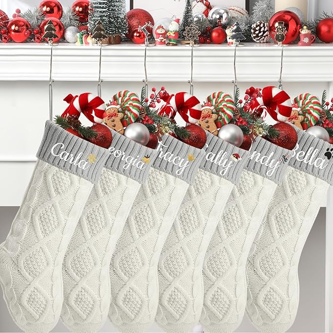 Personalized Christmas Stockings,Custom Embroidered Name+Logo Xmas Knitted Stockings 18'',Holiday and Family Stocking for Fireplace Christmas Holiday Party Decoration 1-6Pack（White Grey）