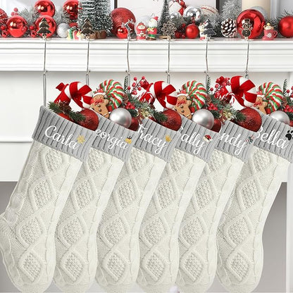 Personalized Christmas Stockings,Custom Embroidered Name+Logo Xmas Knitted Stockings 18'',Holiday and Family Stocking for Fireplace Christmas Holiday Party Decoration 1-6Pack（White Grey）