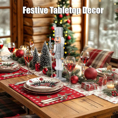 Wooden Christmas Soldier Nutcracker Decorations, 15 Inch Nutcracker Figure Christmas Decor for Shelves and Tables (Silver)