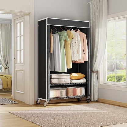 H4 Clothing Rack with Cover, Rolling Heavy Duty Clothes Rack, Garment Rack on Wheels, Portable Closet for Hanging Clothes, Black Clost Rack with Black Fabric Cover, Max Load 380LBS